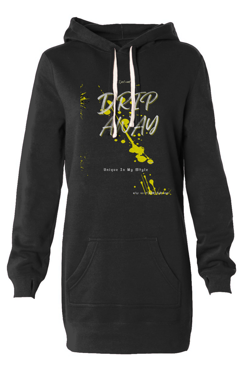 I just want to DRIPAWAY by42dpd Accent Yellow Hooded Sweatshirt Dress (Black)