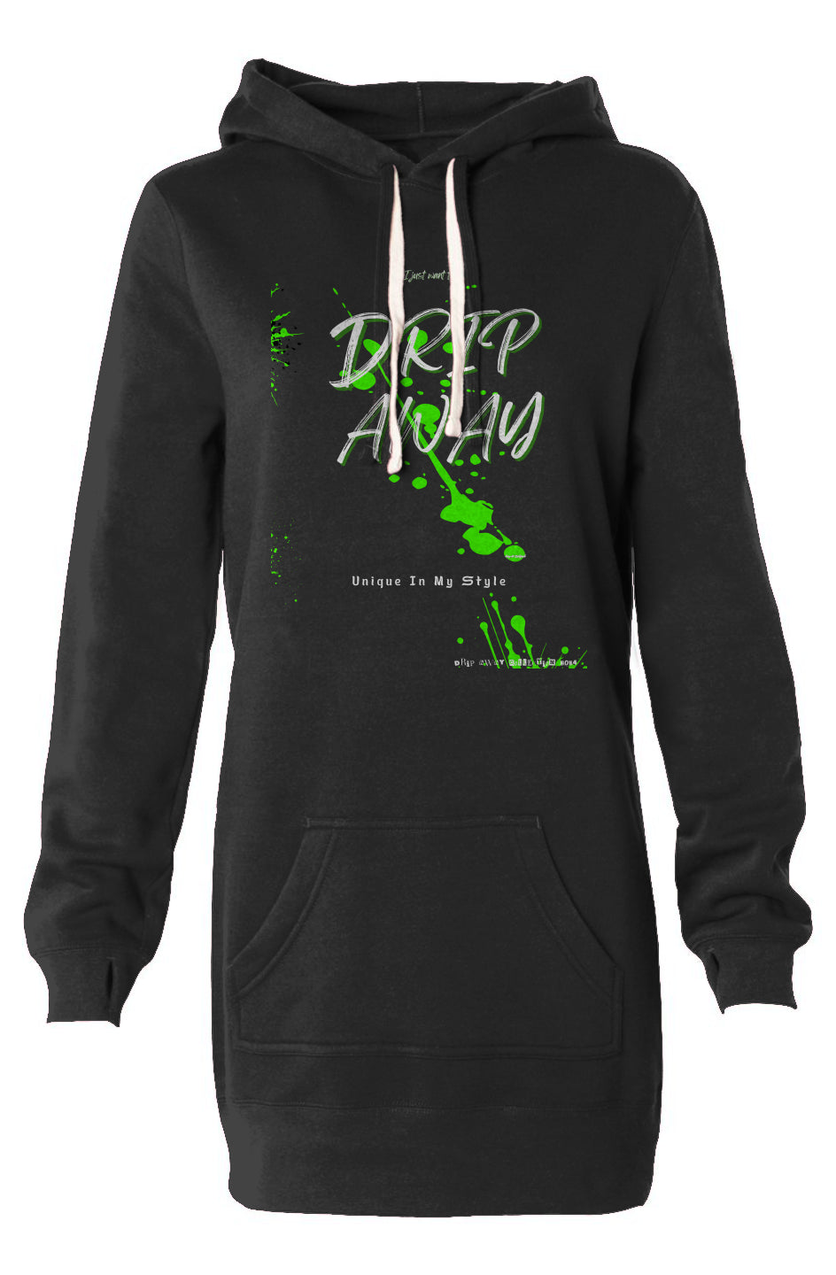 I just want to DRIPAWAY by42dpd Accent Green Hooded Sweatshirt Dress (Black)